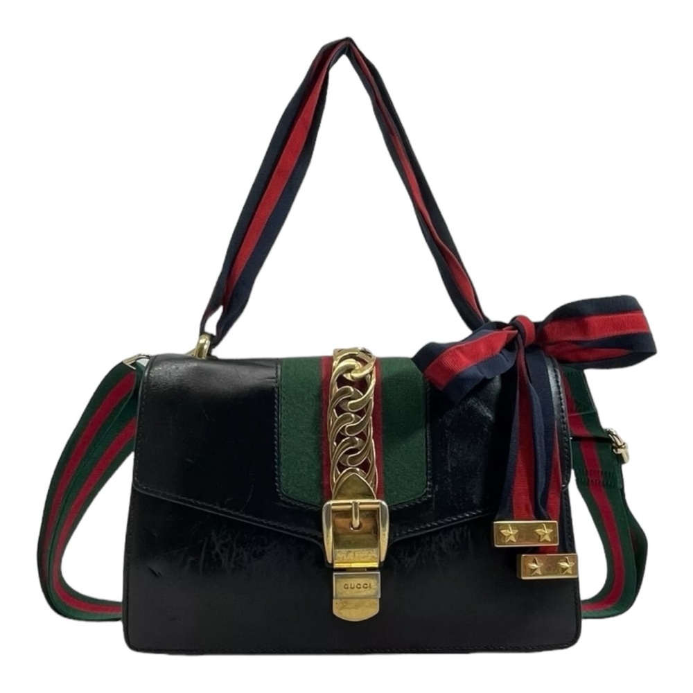 GUCCI Calfskin Leather SYLVIE Handbag Crossbody Bag Gold Chain Stripe COA